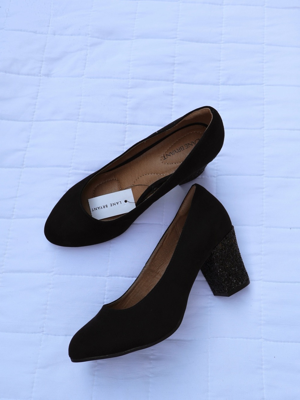 NWT: Lane Bryant Black Round Toe Glitter Block Heels